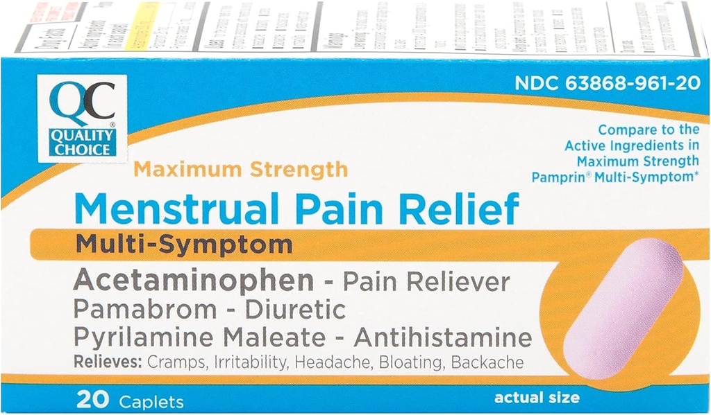 Quality Choice Maximum Strength Mentrual Pain Relief, Multi Symptom Pain Relief Caplets, Cramps, Headache, Bloating, Backache & Irritability, 20 Count Package