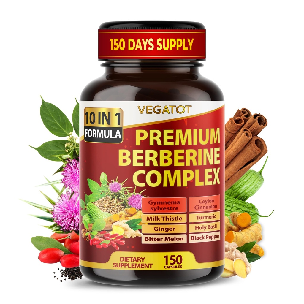 VEGATOT GlucoSavior Berberine Supplement with Ceylon Cinnamon, Bitter Melon, Gymnema - Supports Immune, Heart Health & Gastrointestinal Function (150 Count (Pack of 1))