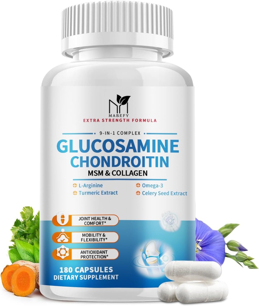 Glucosamine Chondroitin MSM Capsules,Glucosamine 1500mg with Collagen, Turmeric, Joint Supplements for Men,180 Capsules