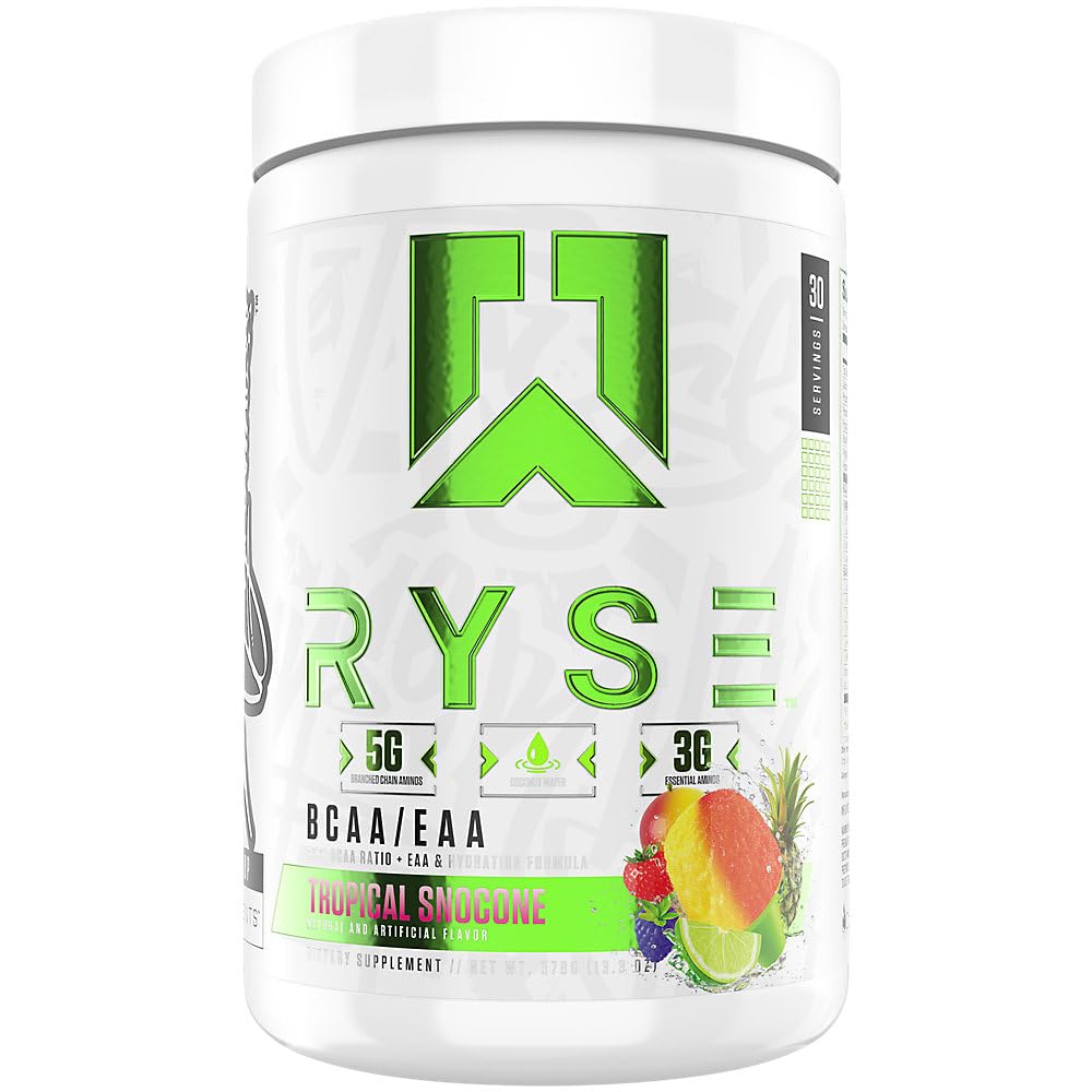 RYSE BCAA EAA Powder - Tropical Snocone - 5g Branched Chain Amino Acids, 3g Essential Aminos, Sugar-Free Electrolytes for Muscle Recovery, Endurance, Hydration and Strength - 30 Servings