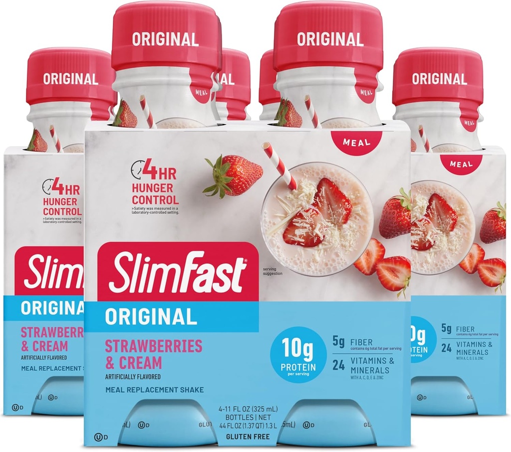 SlimFast Meal Replacement Shake, Original Strawberries & Cream, 10g of Ready to Drink Protein for Weight Loss, 11 Fl. Oz Bottle, 4 Count (Pack of 3) (Packaging May Vary)