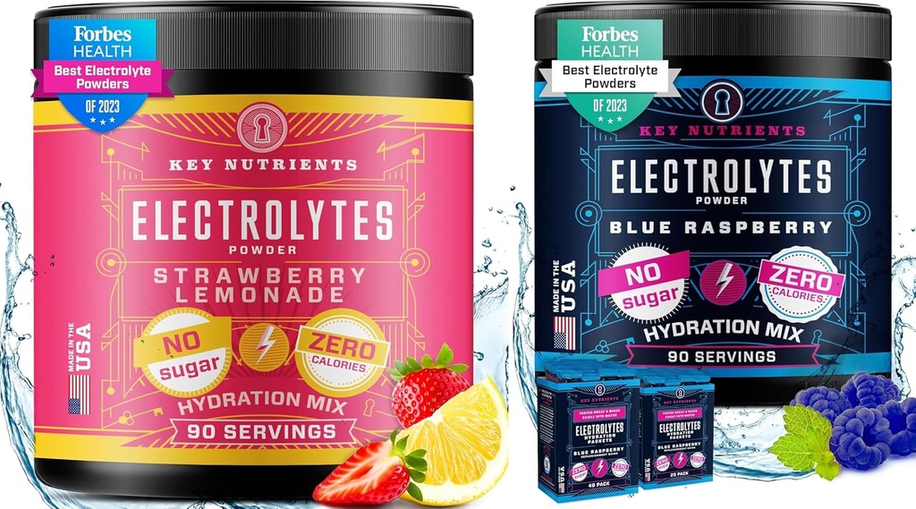 KEY NUTRIENTS Electrolytes Powder Ultimate Hydration & Wellness Bundle - Juicy Strawberry Lemonade & Sweet Blue Raspberry Electrolyte Powders - Zero Sugar, Keto-Friendly, 90 Servings Each