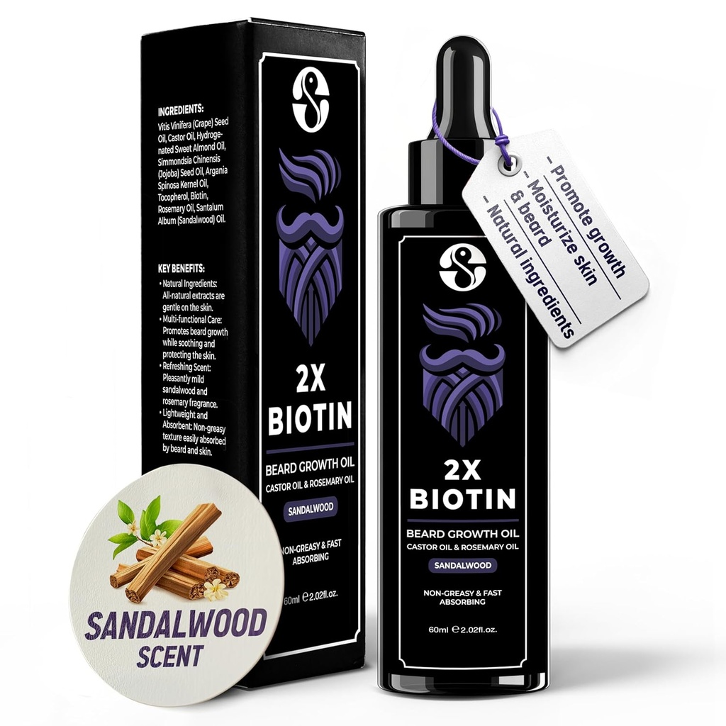 Biotin Concentration Beard Thickener & Softener - 2oz with Castor Oil, Rosemary Oil, and Vitamins - Sandalwood Scent for Men