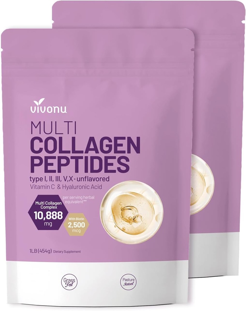 VivoNu Multi Collagen Peptides Powder, 16 Oz Hydrolyzed Protein Peptides | Type I,II,III,V,X with Hyaluronic Acid, Biotin & Vitamin C Unflavored Keto Paleo Friendly, Ez Mix in Drinks (2LB/2Pack)