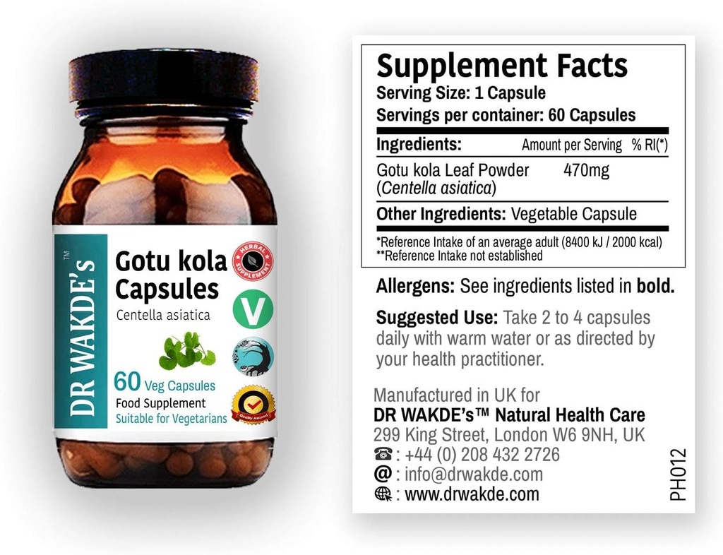 DR WAKDE'S Gotu kola Capsules (Mandukparni, Centella asciatia, 60 Veg Caps, Plant-Based Supplement, Ayurvedic Herb, All Natural, Vegan)