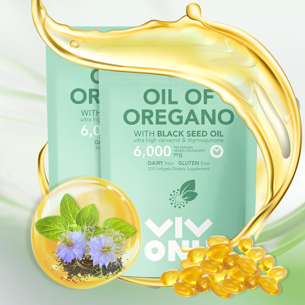 VivoNu Oil of Oregano with Black Seed Oil, Balanced Oil of Oregano Capsules, Organic OreganoOil Softgels,Carvacrol,Thymoquinone, Non-GMO