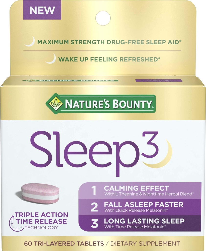 Nature’s Bounty Sleep3 Melatonin 10mg, Maximum Strength 100% Drug Free Sleep Aid, Dietary Supplement, L-Theanine & Nighttime Herbal Blend Time Release Technology, 60 Tri-Layered Tablets