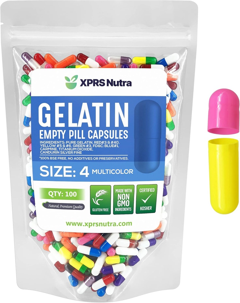 XPRS Nutra Size 4 Empty Capsules - 100 Count Small Empty Gelatin Capsules - Pills DIY Capsule Filling - Fillable Pure Bovine Pill Gel Caps for Do-It-Yourself Supplements (Multi Color)