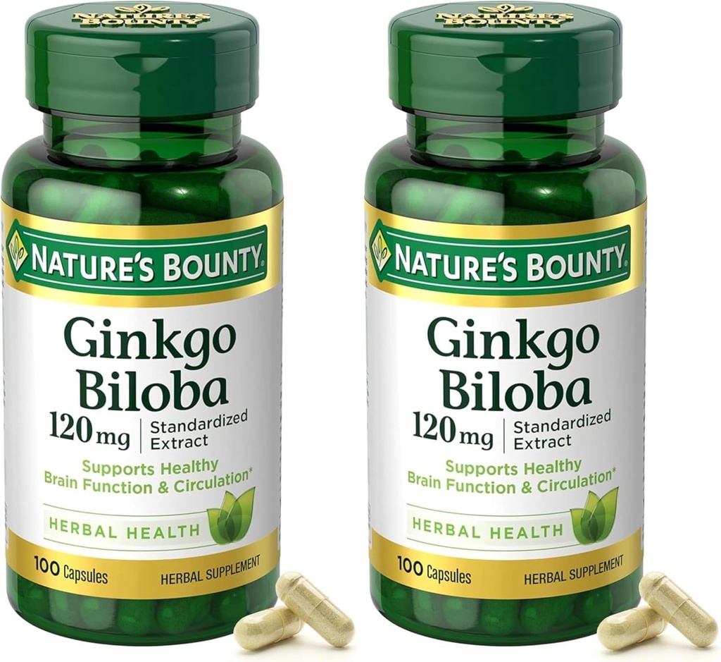 Nature's Bounty Ginkgo Biloba Standardized Extract 120 mg, Herbal Bottles, Capsule, 100 Count, Pack of 2
