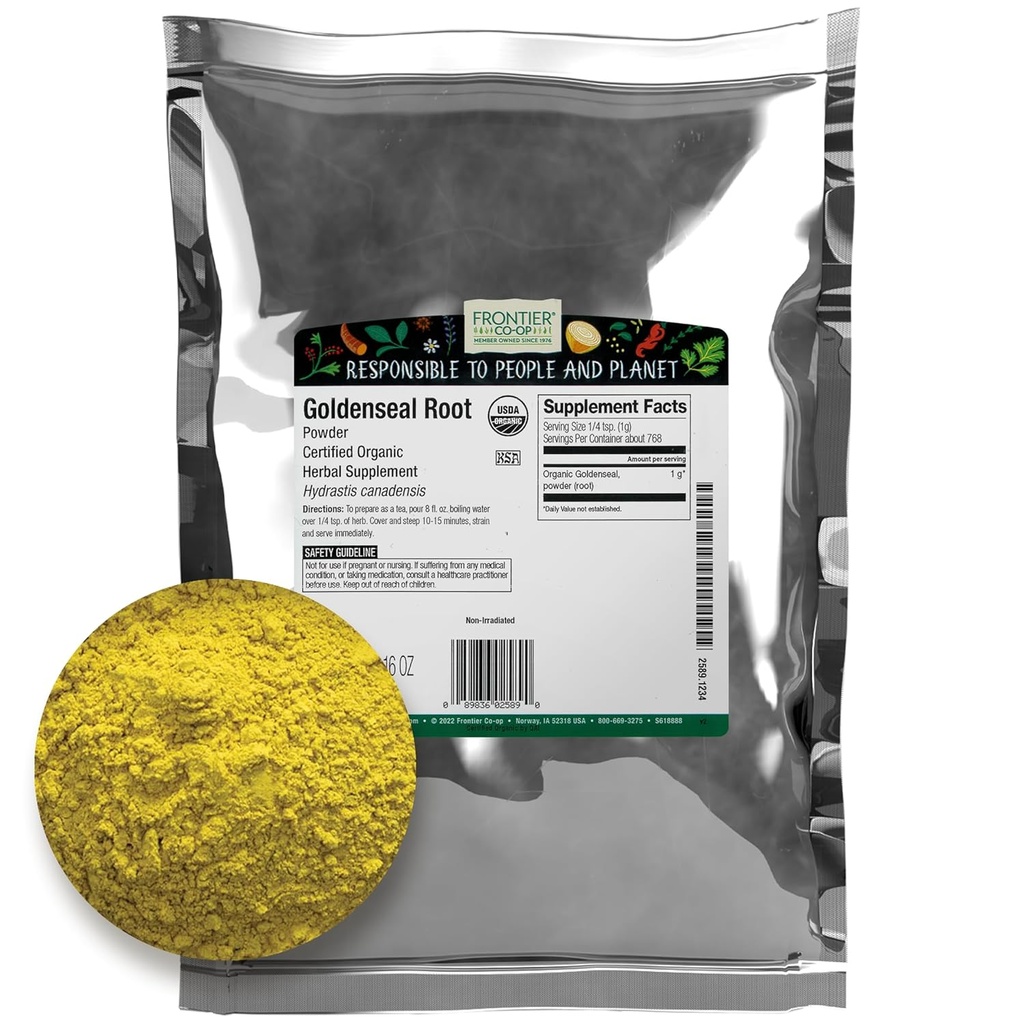 Frontier Co-op Organic Goldenseal Root Powder, 1/4 lb - Earthy, Bitter Herbal Root with Bright Yellow Color for Tea and Tincture Recipes - 4 oz