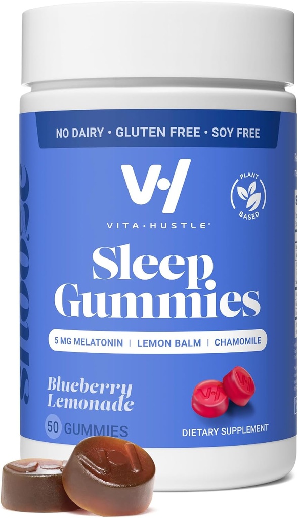 VitaHustle Natural Sleep Gummy 5 mg Melatonin, Lemon Balm, Chamomile, Relax & Sleep Aid, Low Sugar, Plant-Based, Blueberry Lemonade, 50 Count