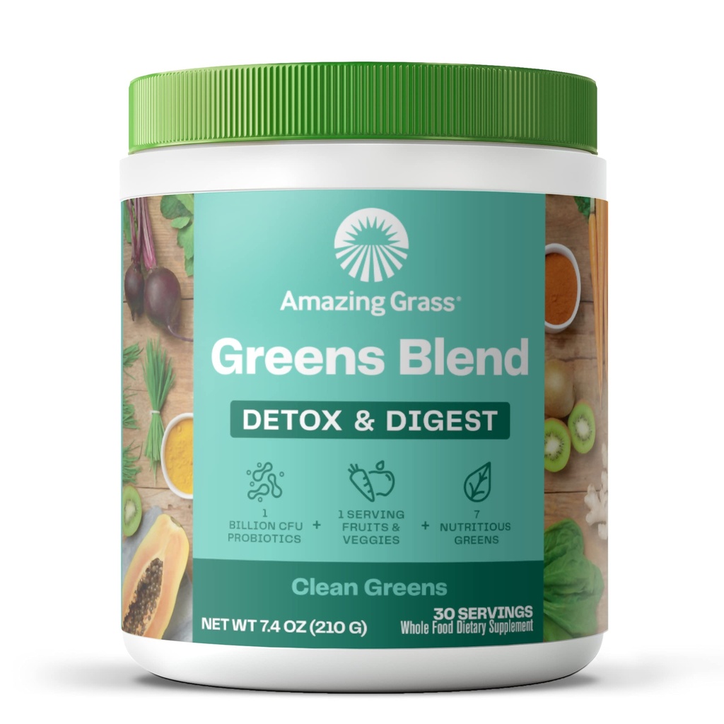 Amazing Grass Greens Blend Detox & Digest: Cleanse with Super Greens Powder, Beet Root Powder, Digestive Enzymes, Prebiotics & Probiotics, Clean Green, 30 Servings (Packaging May Vary)
