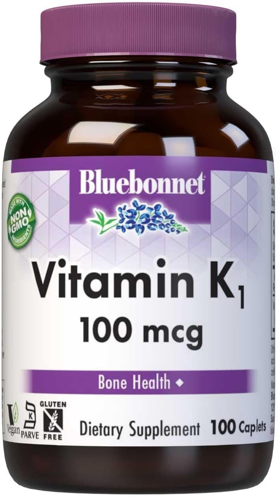 Bluebonnet Vitamin K1 100 mcg Supports Bone Health - Phylloquinone Crystalline Vitamin K Supplement - Non-GMO, Kosher Certified, Gluten-Free, Dairy-Free - 100 Vegan Caplets
