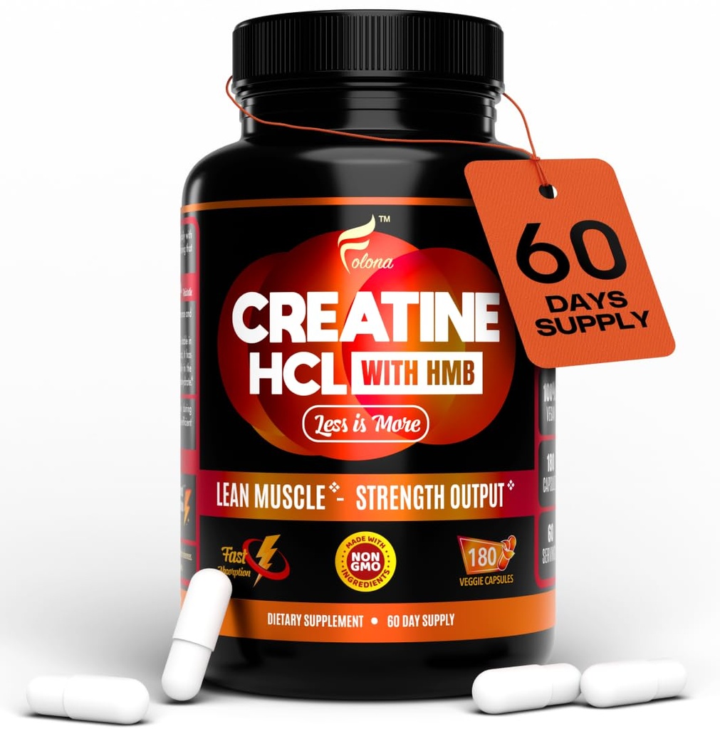 Creatine HCL Capsules with HMB - Workout Supplement for Men & Women, Muscle Builder, Endurance, Strength, Superior to Monohydrate: Instantized for Max Absorption, No Load, No Bloat, 180 Vegan Capsules