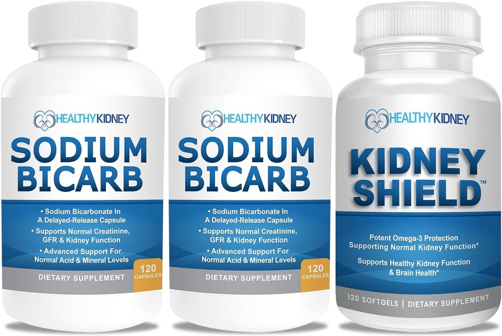 Sodium Bicarbonate 650mg Capsules for Acid Relief, Alkalinity 120 Pills 2-Pack + Kidney Shield 120 Caps Kidney Supplement to Support Normal Kidney Function