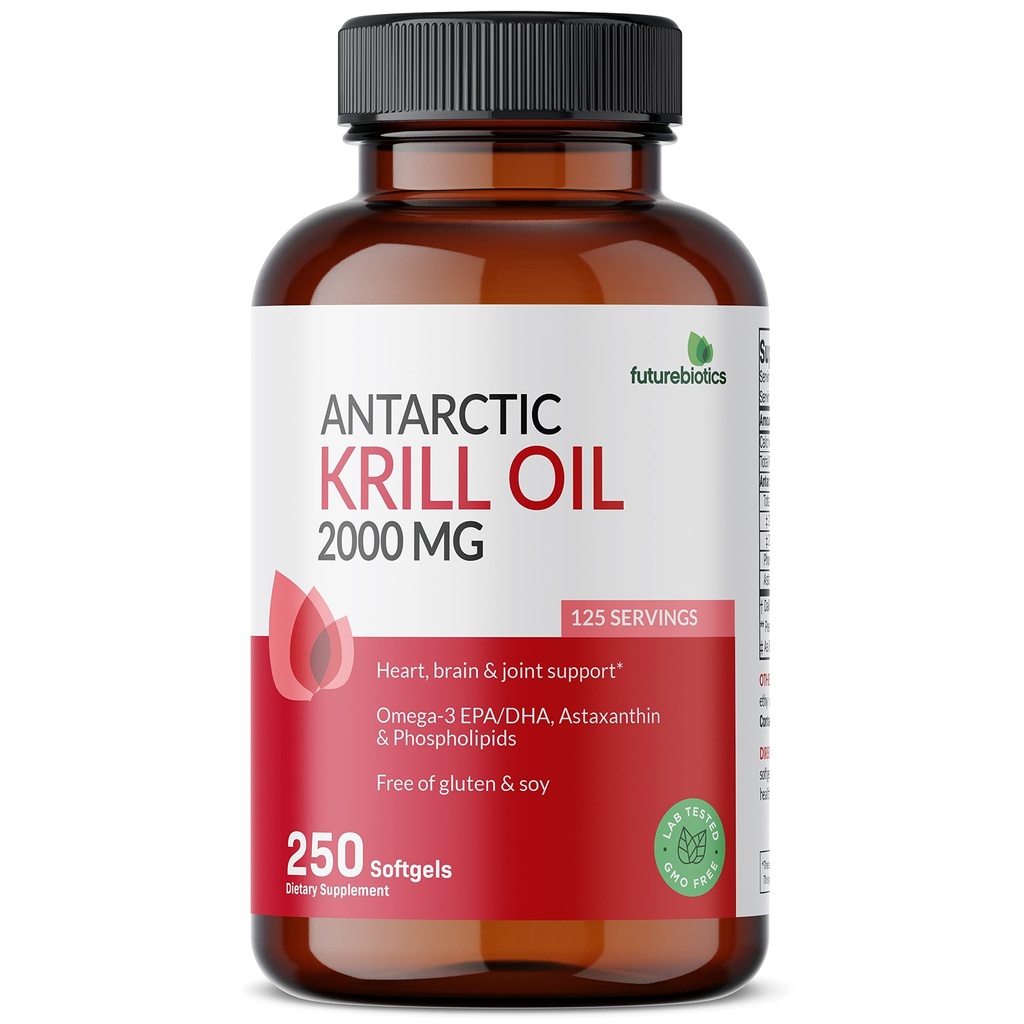 Futurebiotics Antarctic Krill Oil 2000mg with Astaxanthin, Omega-3s EPA, DHA and Phospholipids - 100% Pure Premium Krill Oil Heavy Metal Tested, Non GMO – 250 Softgels