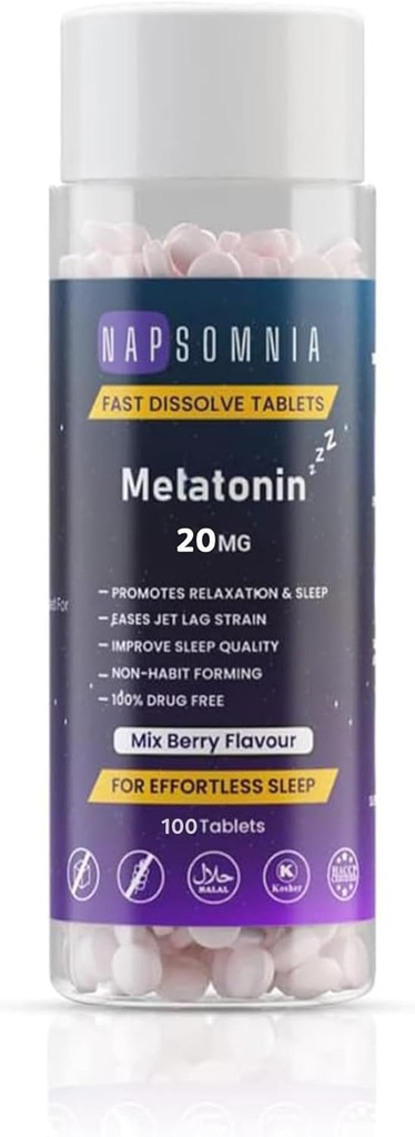 Melatonin Fast Dissolve Tablets – Mix Berry Chewable Melatonin Tablets - Non-Habit-Forming Melatonin Sleep Aid for Adults - Sugar Free Melatonin Tablets for Restful Sleep | 20 MG (100)