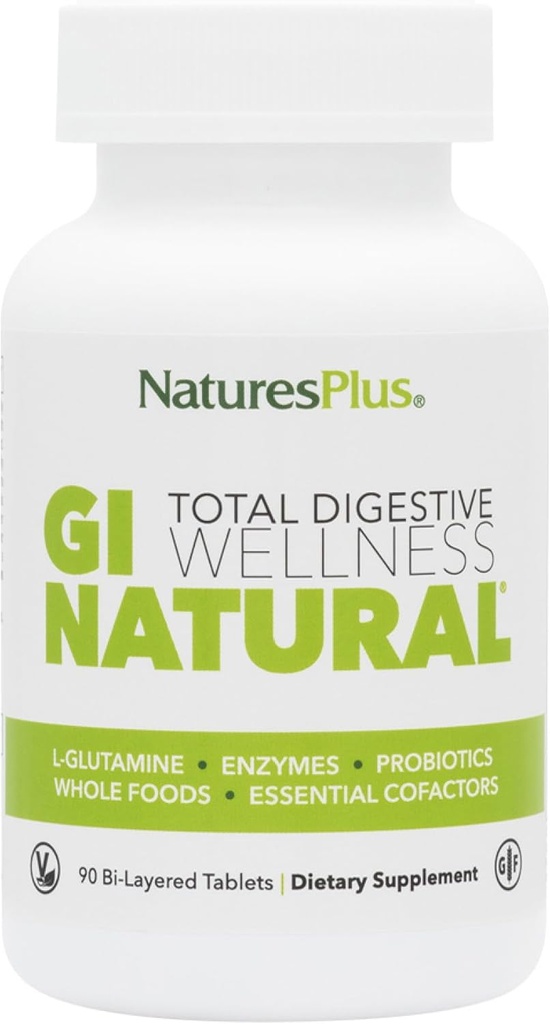 Natures Plus GI Natural Total Digestive Wellness - 90 Bi-Layered Tablets, Pack of 2 - with L-Glutamine, Probiotics, Prebiotics & Enzymes - Gluten Free - 60 Total Servings