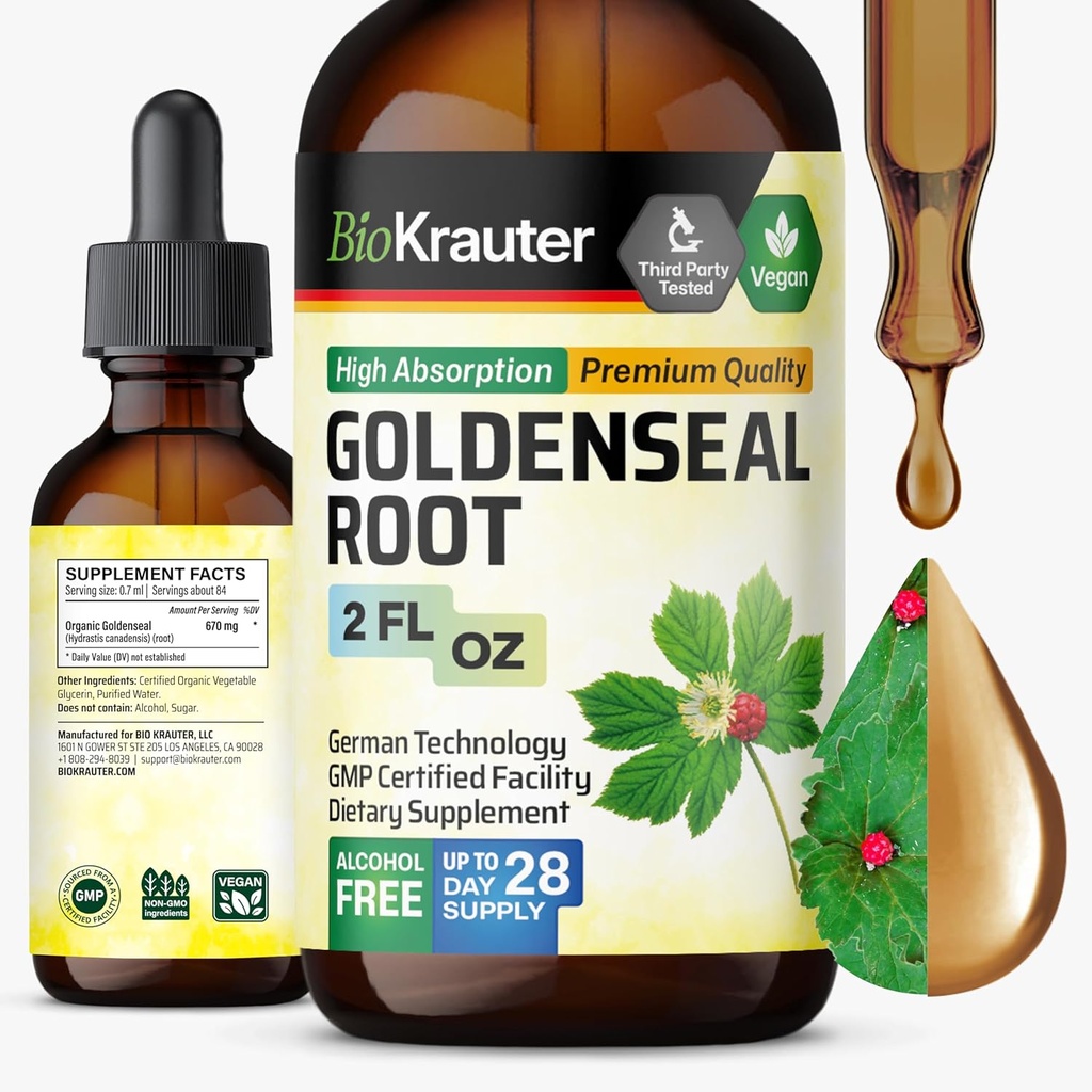 BIO KRAUTER Goldenseal Root Extract Liquid - Vegan Respiratory Support - Golden Seal Drops - Alcohol & Sugar Free - 2 Fl.Oz.