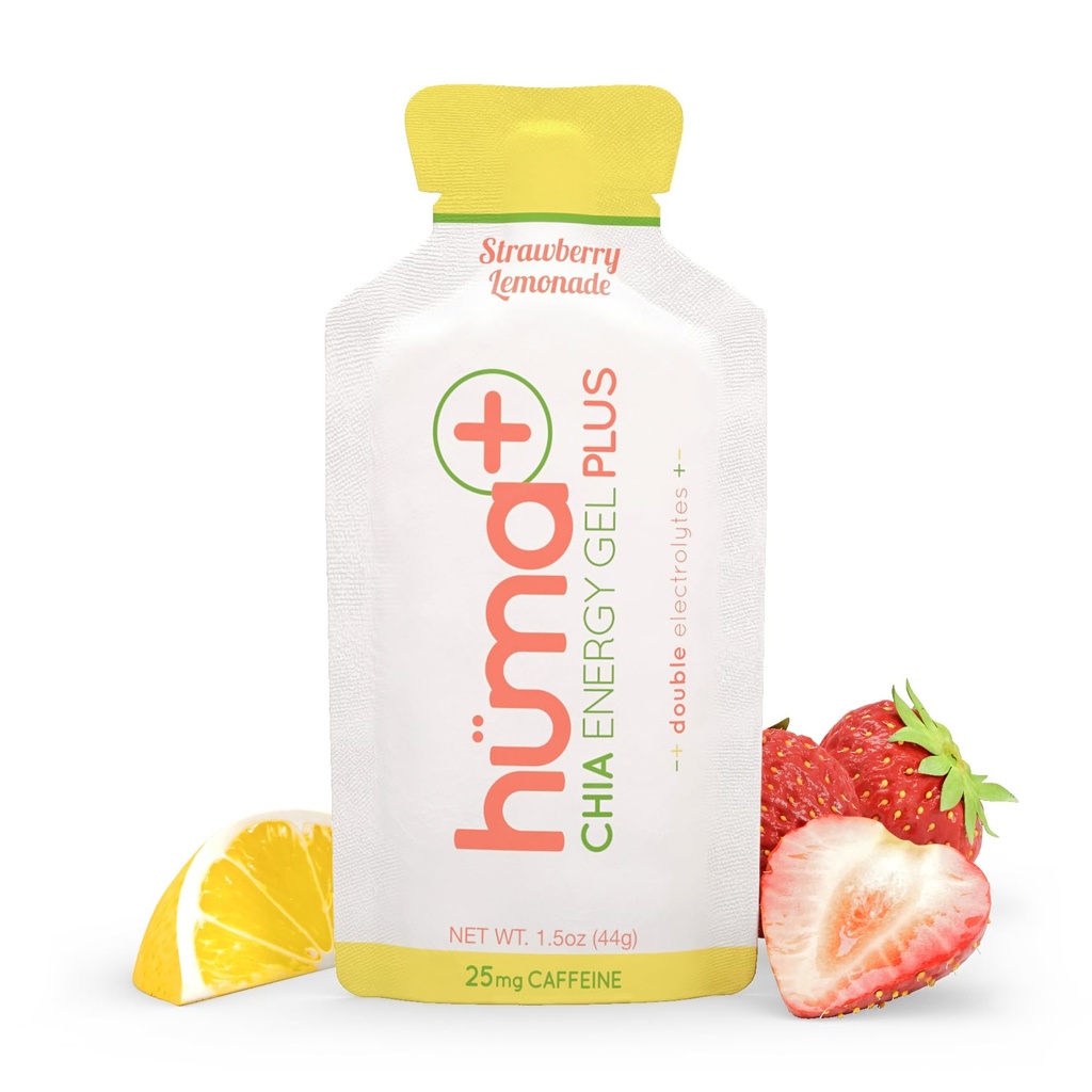 Huma Plus (Double Electrolytes) - Chia Energy Gel, Strawberry Lemonade, 12 Gels, 25mg Caffeine - Stomach Friendly, Real Food Energy Gels