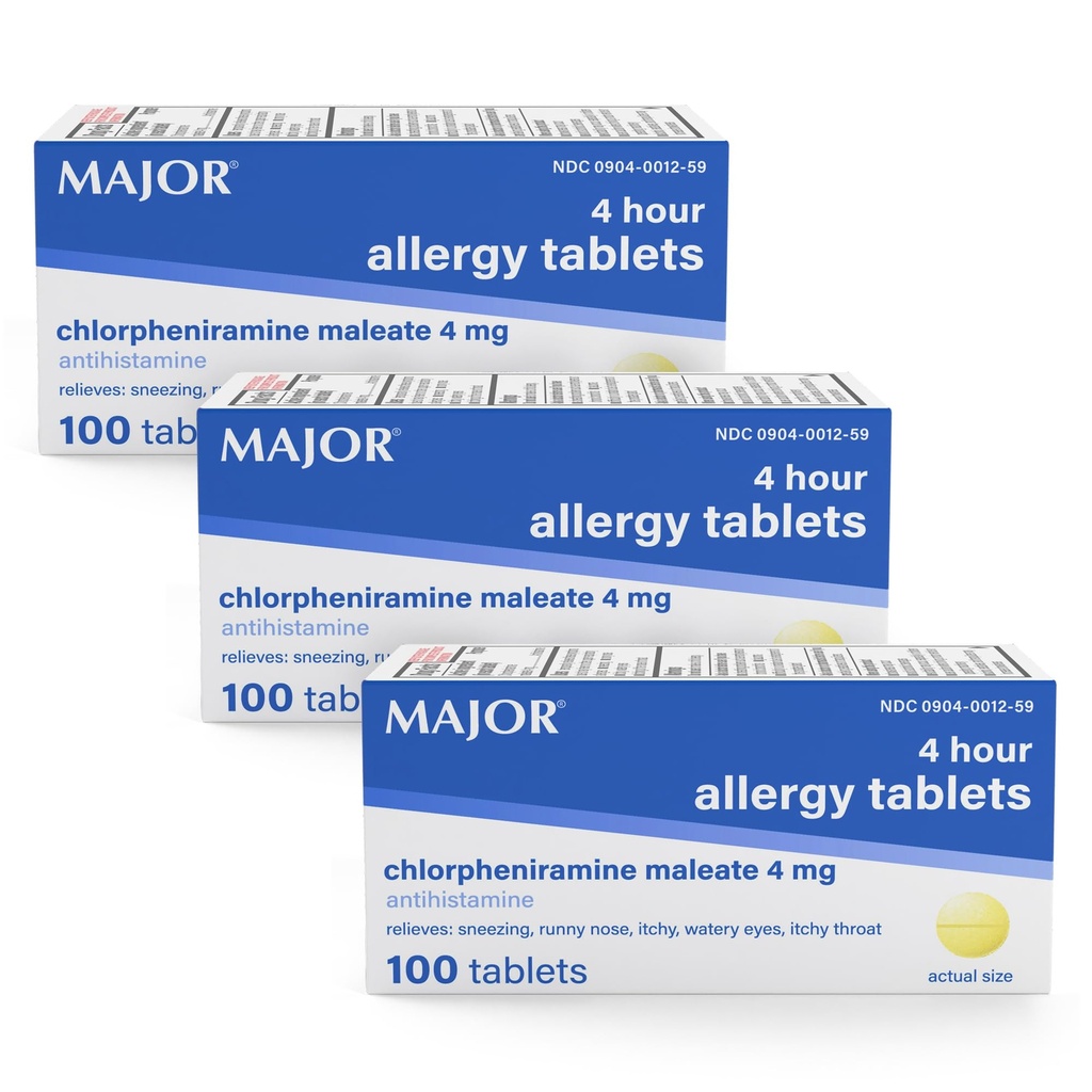 MAJOR 4 Mg Allergy Tablets - Chlorpheniramine Maleate 4-Hour Allergy Medicine - Antihistamine for Relief of Sneezing, Itchy Watery Eyes, Itchy Throat, and Runny Nose - 100 Count (3 Pack)