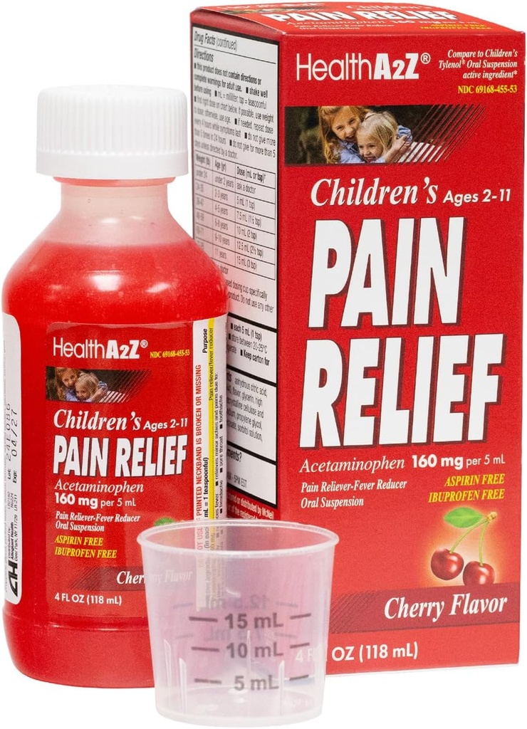 HealthA2Z® Children's Pain Relief | Acetaminophen 160 mg (5mL) | Ages 2-11 | Cherry Flavor | Pain Reliever - Fever Reducer - Oral Suspension | Aspirin and Ibuprofen Free | 4FL Oz (118 mL)