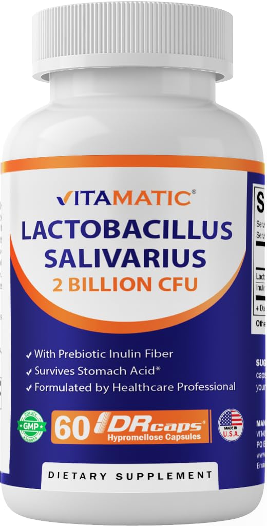 Vitamatic Lactobacillus Salivarius 2 Billion per DR Capsule - 60 Count - Digestive Support - Made with Prebiotic Inulin Fiber (1 Bottle)
