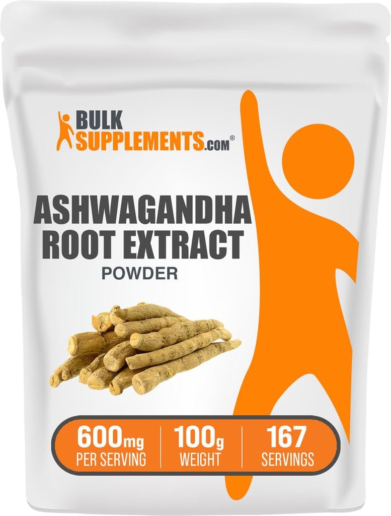 BulkSupplements.com Ashwagandha Root Extract Powder - Ashwagandha Supplement, Herbal Supplement - Vegan & Gluten Free, 600mg per Serving, 100g (3.5 oz) (Pack of 1)