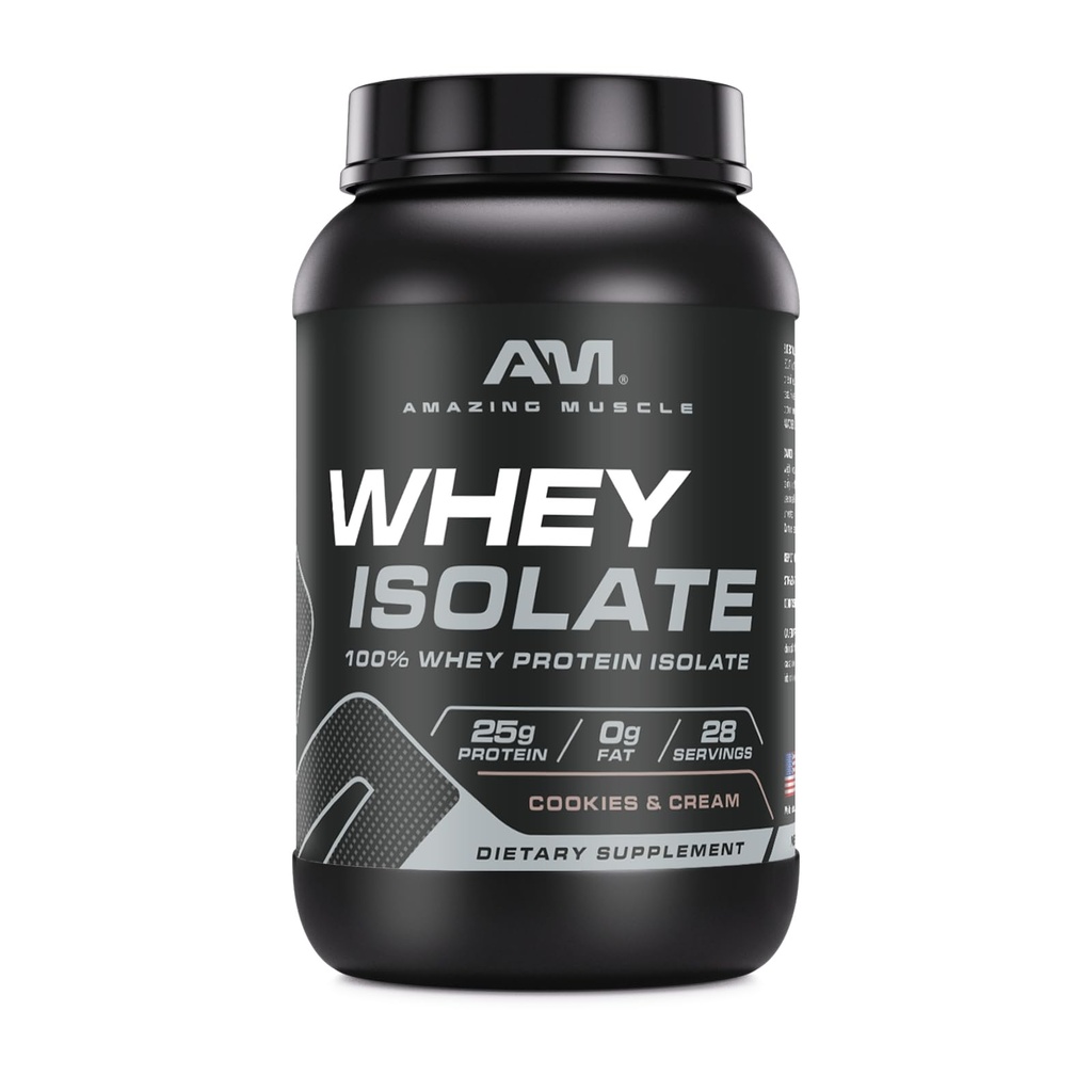 Amazing Muscle Whey Protein Isolate Powder | 25 Grams Protein Per Serving | 100% Whey Isolate | Zero Fat | Made in USA (2 LB, Cookies & Cream)