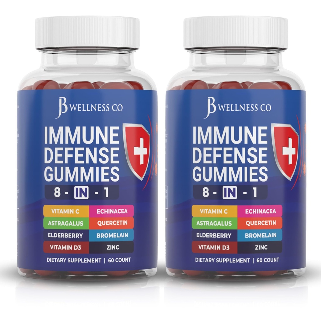 JB Wellness Co 8 in 1 Immune Defense Booster Supplement Gummies with Astragalus Root, Vitamin C and Zinc, Vitamin D3, Elderberry and Quercetin (2 Pack)