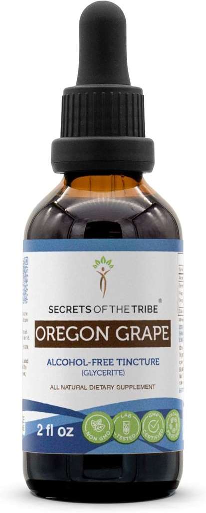 Secrets of the Tribe Oregon Grape Alcohol-Free Liquid Extract, Responsibly farmed Oregon Grape (Mahonia aquifolium) Dried Root Tincture Supplement (2 FL OZ)