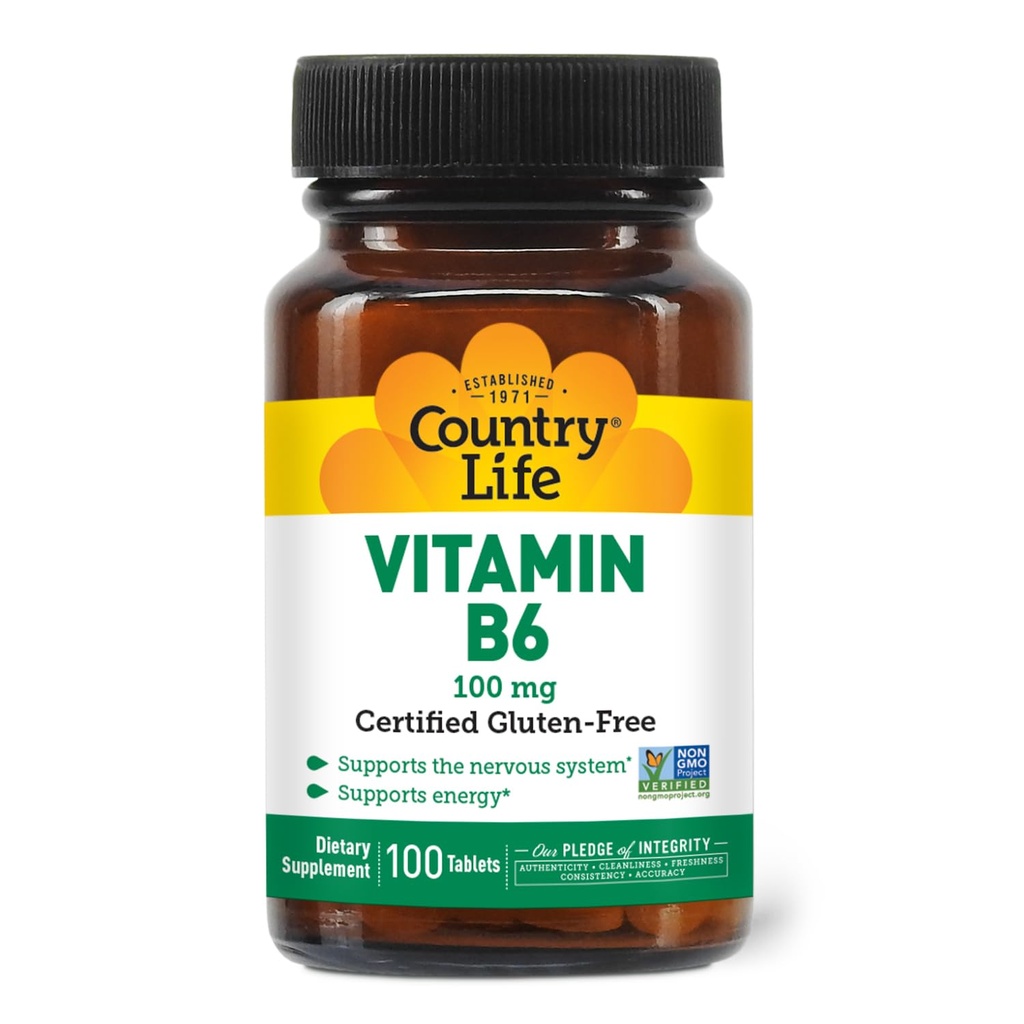 Country Life Vitamin B-6, Supports Energy and The Nervous System, 100mg, 100 Vegan Capsules, Certified Gluten Free, Vegan, Halal, Non-GMO Verified
