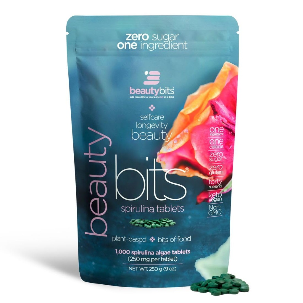BEAUTYbits - Organic Spirulina Tablets - Algae Superfood - Collagen, Protein, Chlorophyll - Hair, Nails, & Skin Care - Vegan, Keto, Gluten Free - Self Care - Skincare Beauty Gifts - 1000 Tablet Bag