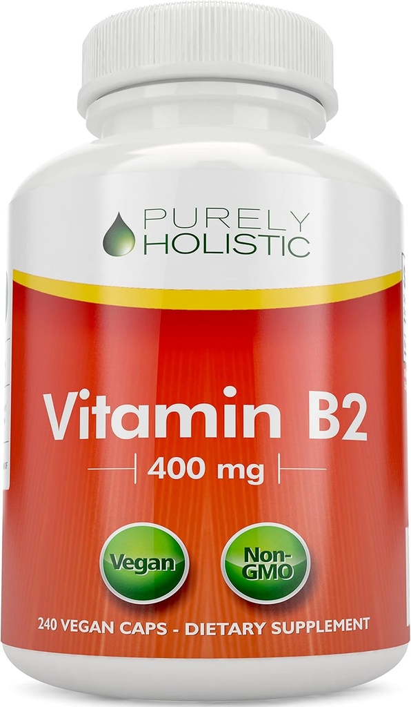 Purely Holistic Vitamin B2 Riboflavin 400mg - 240 Vegan Capsules, 8 Month Supply - High Strength B2 Vitamins - Non GMO & Gluten Free - Supports Energy Production & Cellular Health
