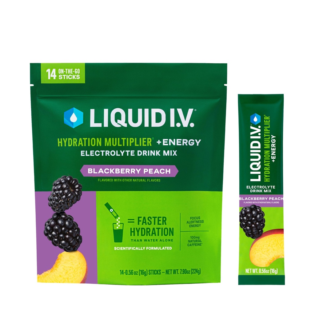 Liquid I.V.® Hydration Multiplier+Energy | Blackberry-Peach | Electrolyte Powder Drink Mix | 3 Pack (42 Servings)
