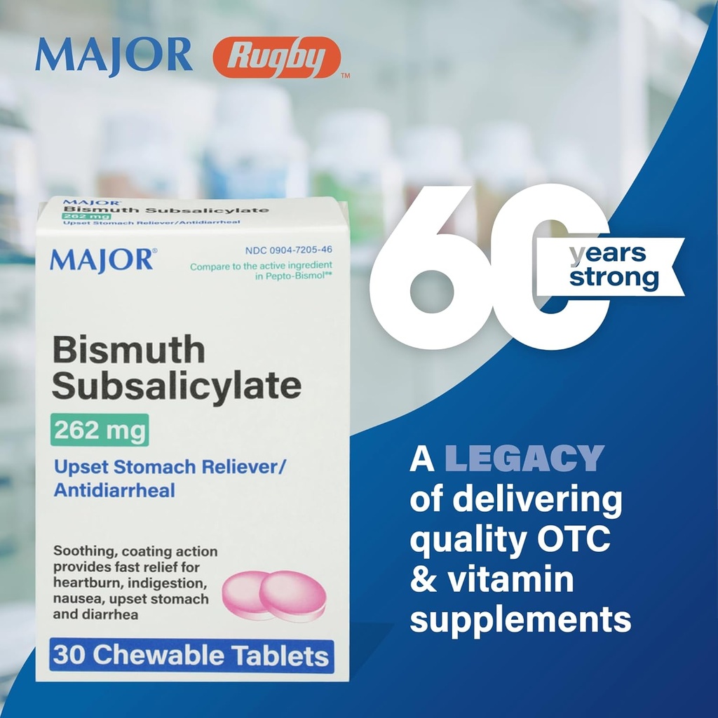 MAJOR Bismuth Subsalicylate 262mg Chewables - Offers Heartburn, Indigestion, Nausea, Diarrhea, and Upset Stomach Relief - Antidiarrheal - 30 Chewable Tablets