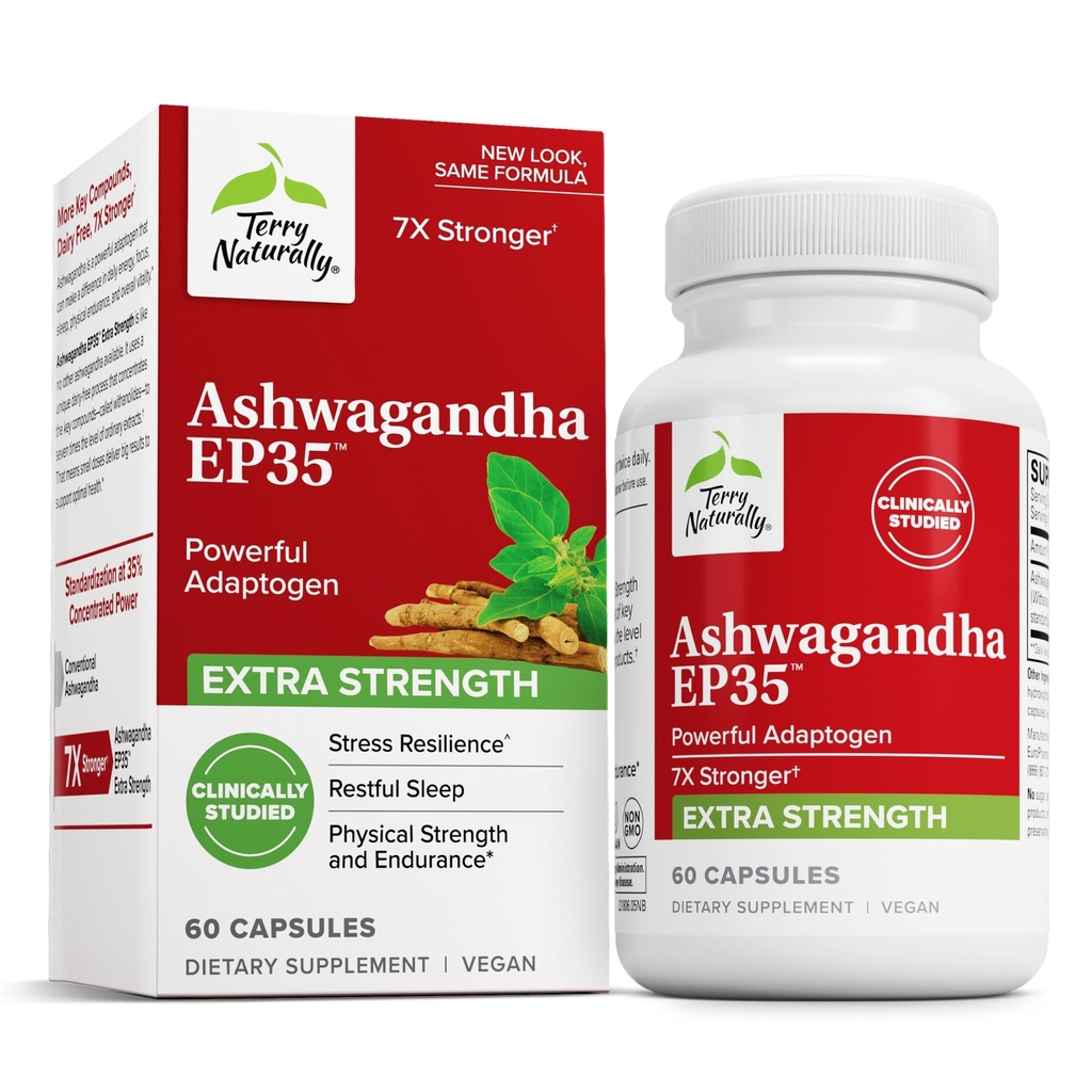Terry Naturally Ashwagandha EP35 Extra Strength - 60 Capsules - Powerful Adaptogen - Non-GMO, Vegan - 60 Servings