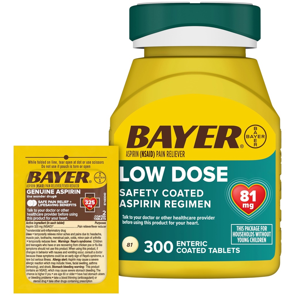 Bayer Aspirin 81mg Enteric Coated Tablets 300ct and 2 Count Travel Pack of Genuine Aspirin 325mg Coated Tablets