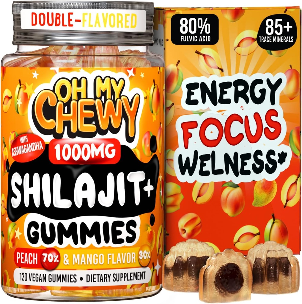 Pure Himalayan Shilajit Gummies - High Potency Gold Grade Resin - Energy Boost and Immune Support for Men and Women with Ashwagandha and Shatavari - 120 Gummy - Peach & Mango