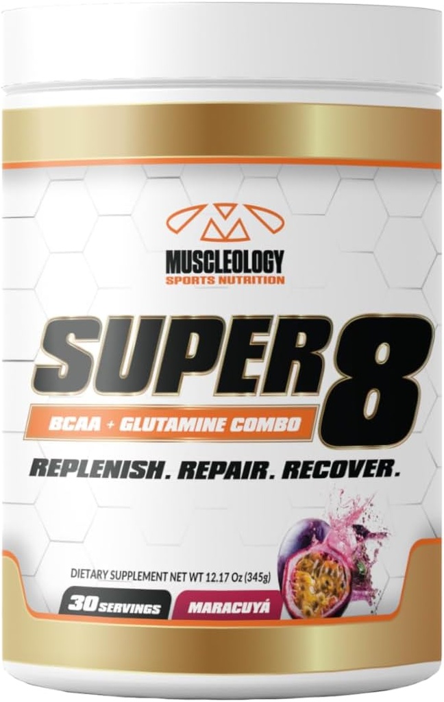 MUSCLEOLOGY Super 8 High Performance BCAA, Electrolyte & Glutamine Blend Formula - Post-Workout Recovery and Muscle Building Supplement, 30 Serving (Maracuya)