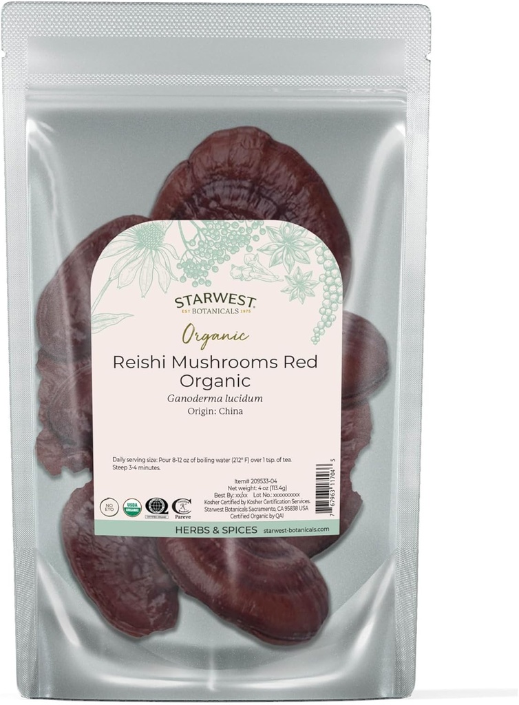 Starwest Botanicals Red Reishi Mushrooms Whole Organic - Dried Reishi Mushrooms for Herbal Tea & Cooking, Ganoderma Lucidum, Certified Kosher, Non-GMO - 4 oz Pouch