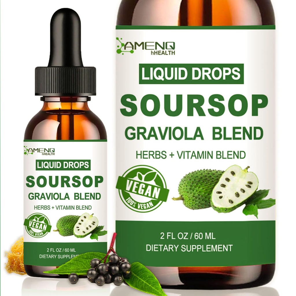 Soursop Graviola Liquid Drops, Organic Soursop Leave Extract w/Sea Moss, Elderberry Vitamin C and Zinc, 16-in-1 Soursop Bitters Liquid for Cell Support, Antioxidant and Immune Support 2 Fl/Oz