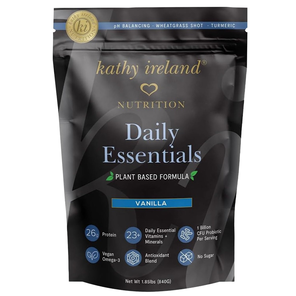 Kathy Ireland Plant-Based Vanilla Protein Powder, 26g Protein, Low-Carb Meal Replacement, Pea, Mung & Fava Bean Blend with Probiotics, Vitamins & Minerals, 1.85 lbs