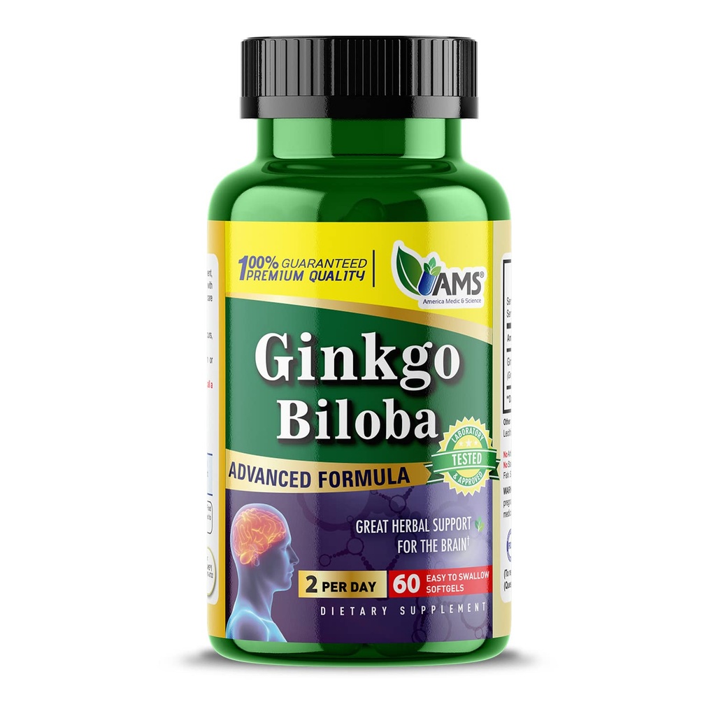 America Medic & Science Ginkgo Biloba 60mg (60 Softgels) | Brain Booster Supplement for Men and Women | Mind Enhancer with Herbal Leaf Extract