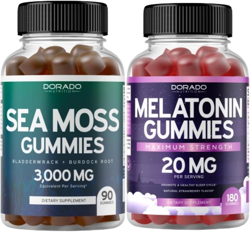 Irish Sea Moss (90 Gummies) Raw Seamoss for Thyroid, Energy, & Immune Support and Melatonin for Adults (180 Count) Quick Dissolve Melatonin High Potency - Mixed Berry Flavor - Vegan Safe & Made in US