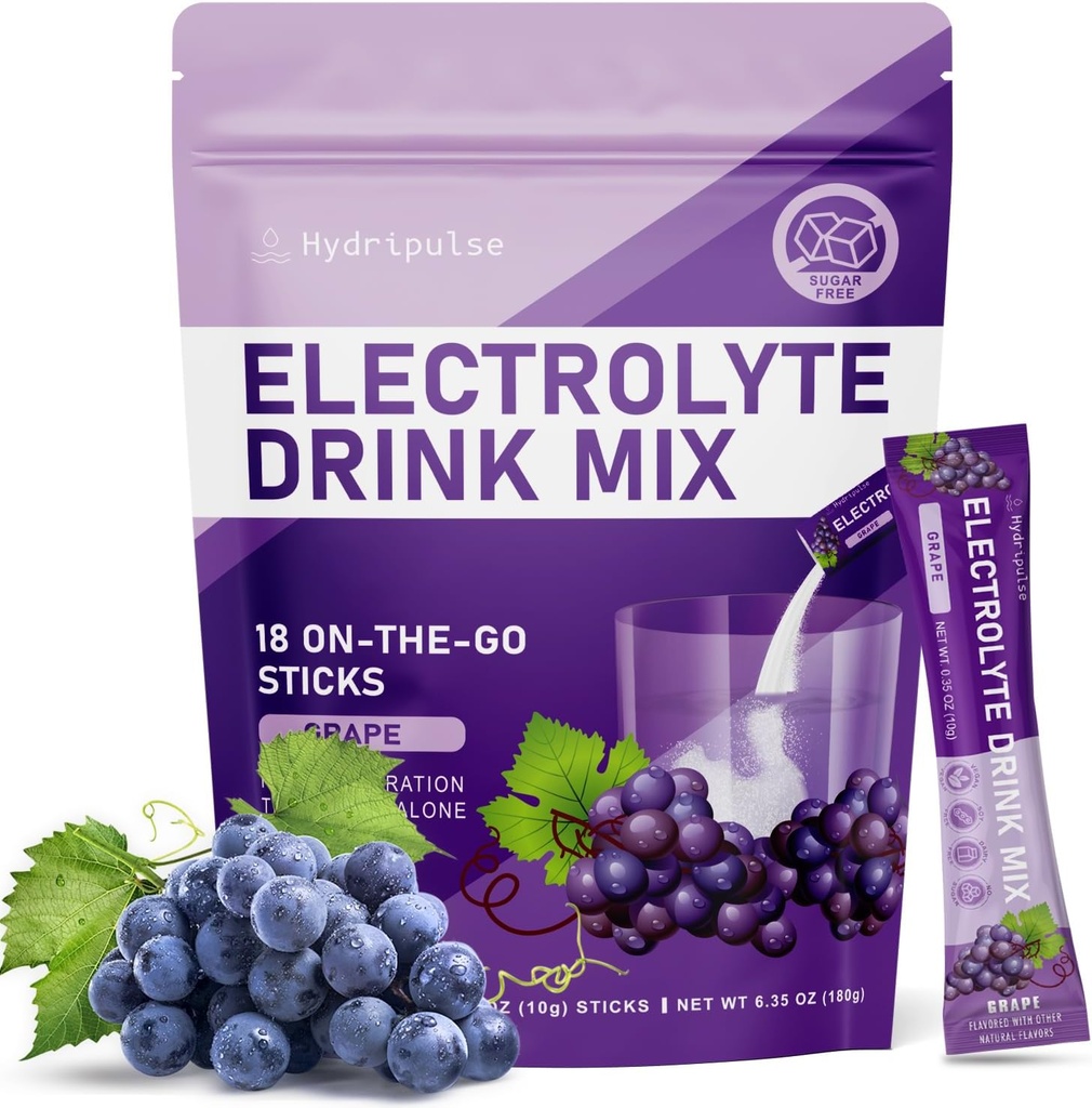 Electrolytes Powder Packets - Sugar Free, Naturally Flavored, 10 Electrolyte & Vitamins Electrolyte Drink Mix - Grape Flavors, Keto Friendly, Vegan, Non- GMO, 18 Packets
