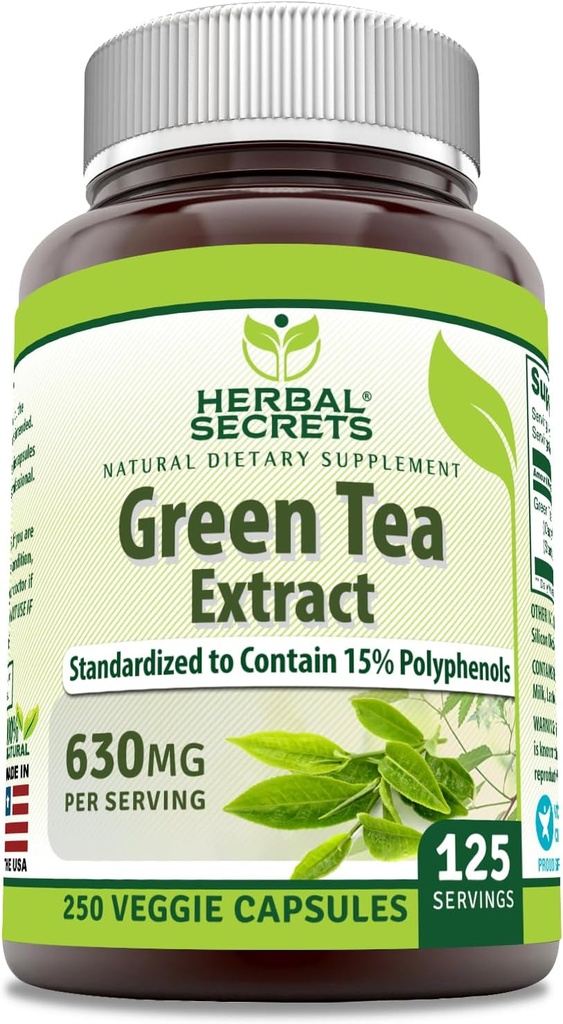 Herbal Secrets Green Tea Extract 630 Mg Per Serving | Veggie Capsule Supplement | Non-GMO | Gluten Free | Made in USA (1 Pack, 250 Count)
