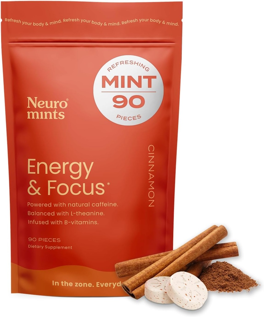 NeuroGum Energy & Focus Mints (90 Count Bag, Cinnamon) | 40mg Natural Caffeine + L-Theanine + Vitamin B12 & B6 | Sugar Free Nootropic Cognitive Brain Performance Supplement