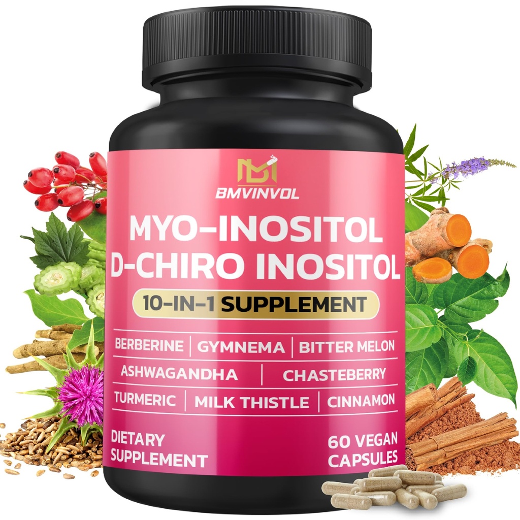 BMVINVOL Inositol Supplement - Myo-Inositol and D-Chiro Inositol Ideal 40:1 Ratio - Plus Berberine, Cinnamon, Ashwagandha + 5 More - 60 Capsules