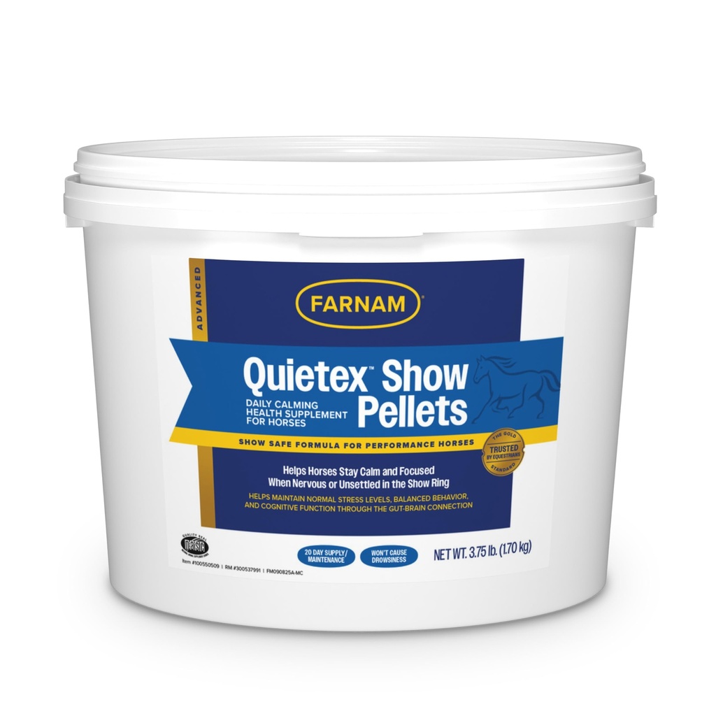 Farnam Quietex Show Pellets, Horse Calming Supplement and Focus Support, Show Safe Horse Calming Magnesium Supplement with Omega Fatty Acids, Helps Manage Behavior & Stress Relief for Horses, 3.75 lbs